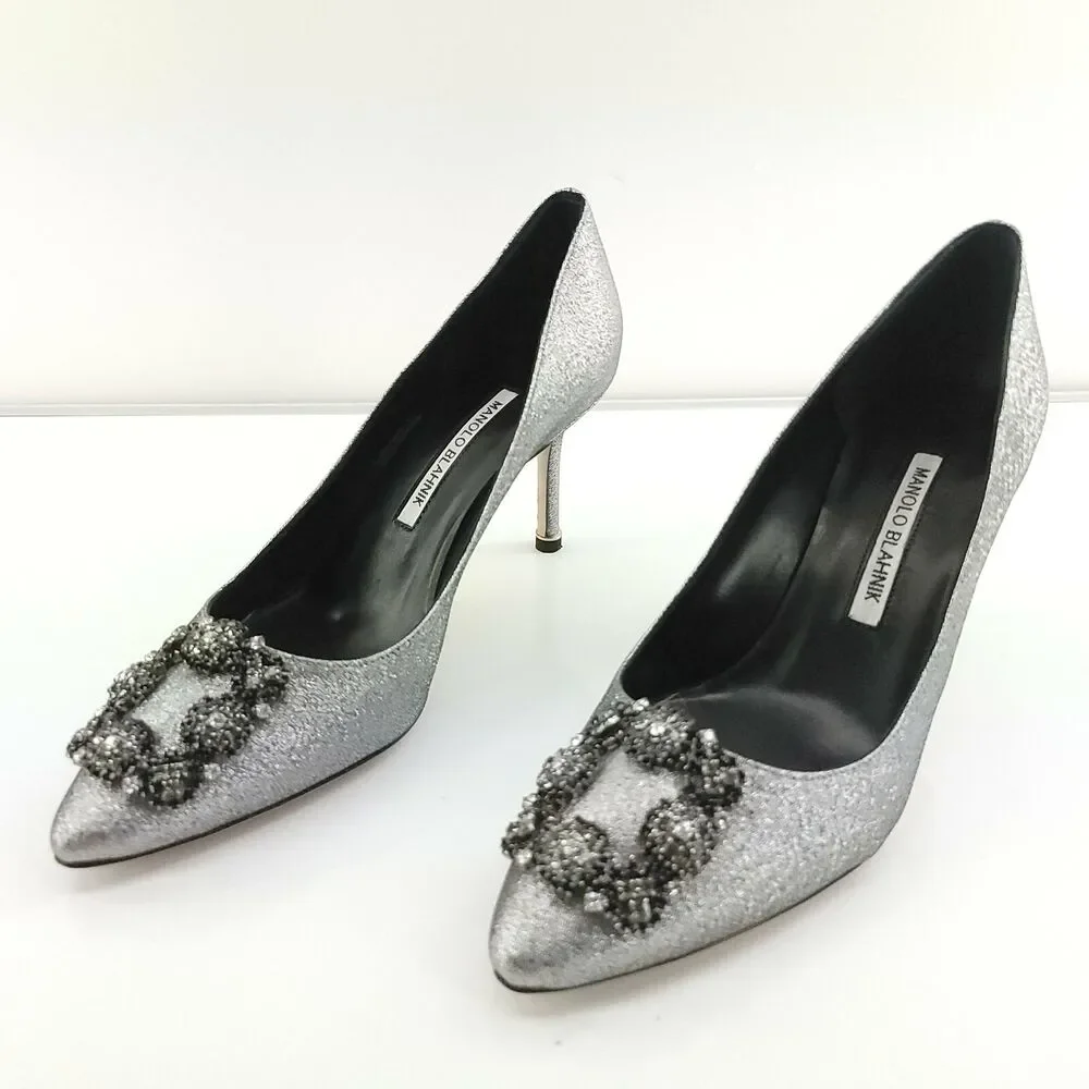 Manolo Blahnik Metallic Silver Hangisi 80 mm Notturno SZ 38 Pointy Glitter $1085